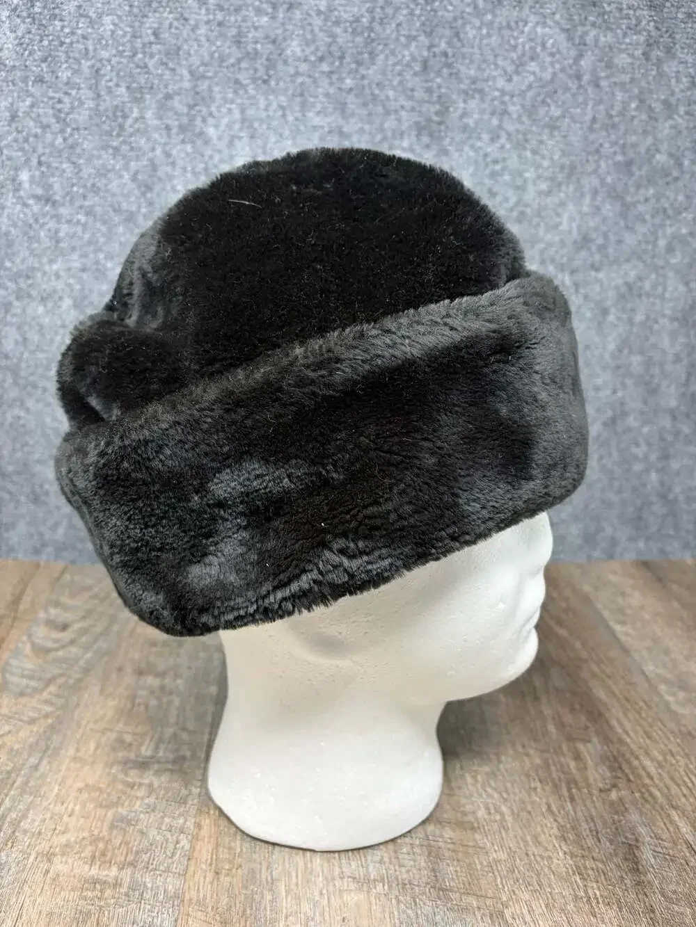 Vintage Faux Fur Cossack Style Winter Hat with Ear Flaps black gold satin lining - Picture 3 of 9